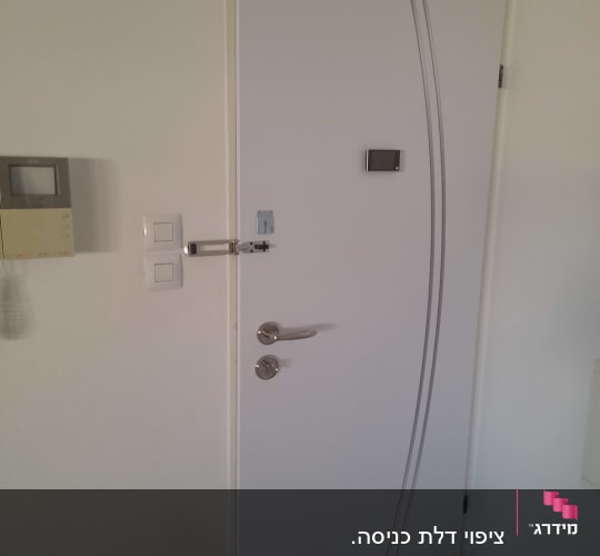 דלת לבנה עם ידית מתכת ועיטור קווים אפורים